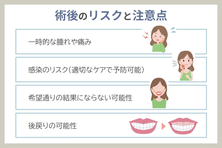 デメリットとしては、痛みや腫れ、術後のリスクや後戻りの可能性